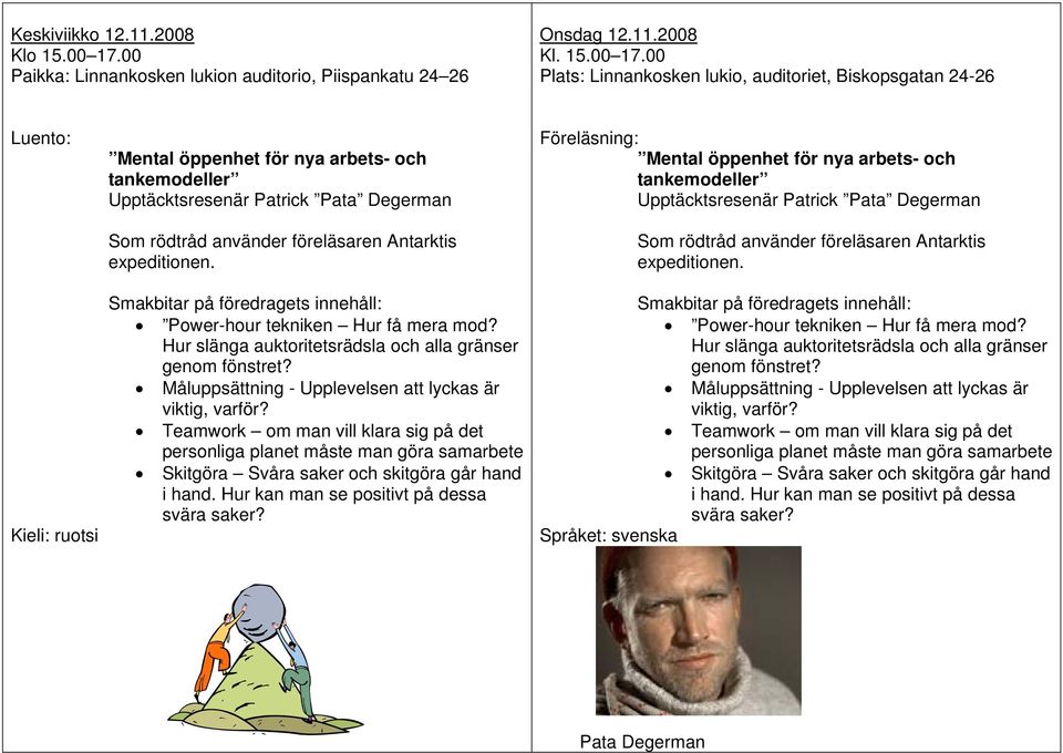 00 Plats: Linnankosken lukio, auditoriet, Biskopsgatan 24-26 Luento: Kieli: ruotsi Mental öppenhet för nya arbets- och tankemodeller Upptäcktsresenär Patrick Pata Degerman Som rödtråd använder