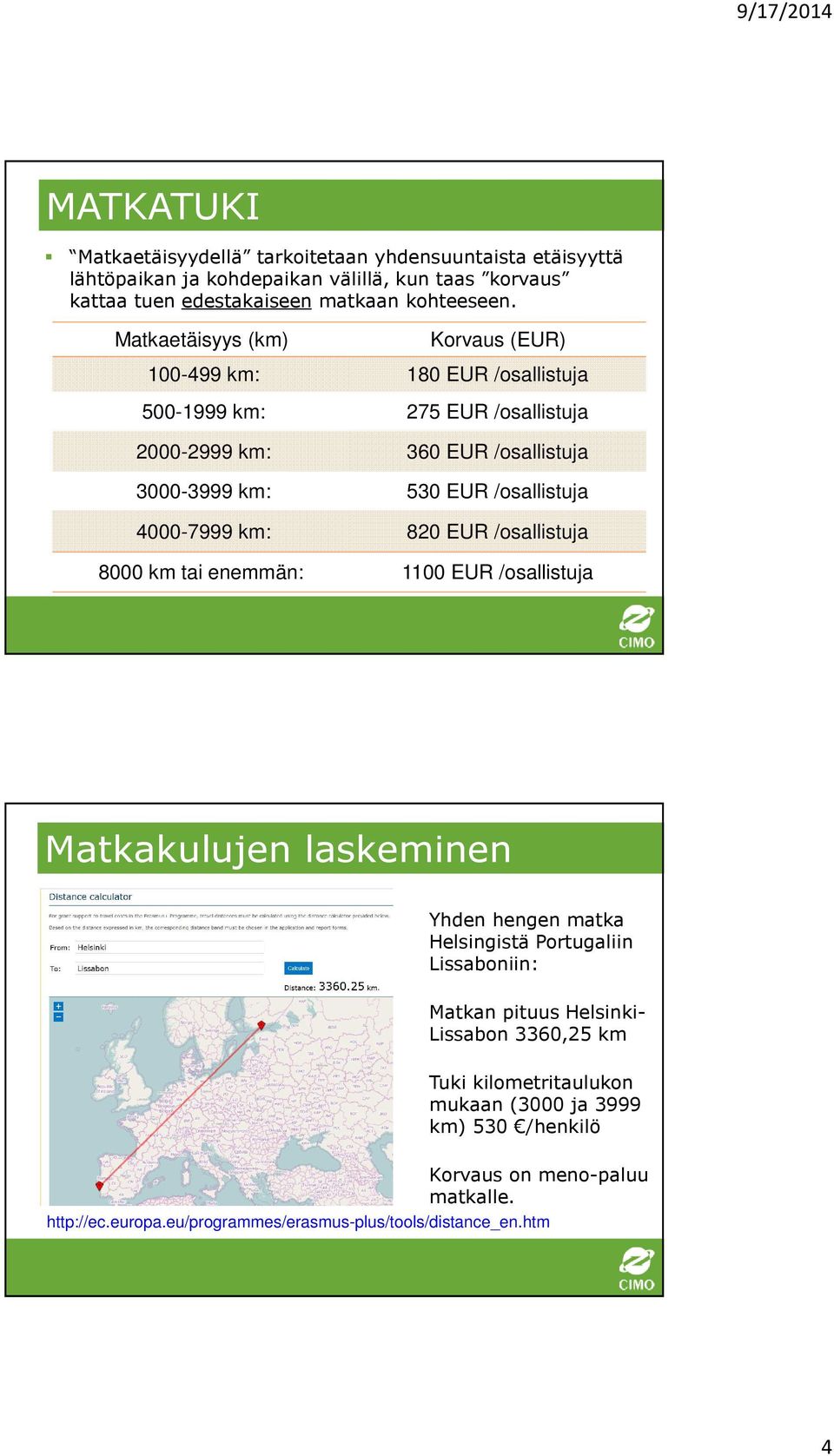 4000-7999 km: 820 EUR /osallistuja 8000 km tai enemmän: 1100 EUR /osallistuja Matkakulujen laskeminen Yhden hengen matka Helsingistä Portugaliin Lissaboniin: Matkan pituus