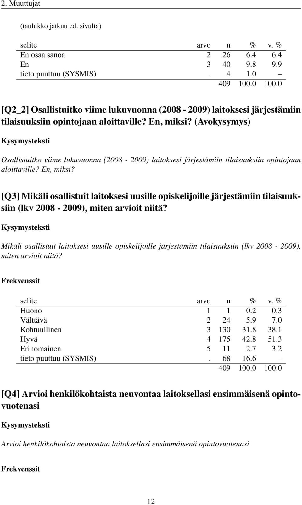 (Avokysymys) Osallistuitko viime lukuvuonna (2008-2009) laitoksesi järjestämiin tilaisuuksiin opintojaan aloittaville? En, miksi?