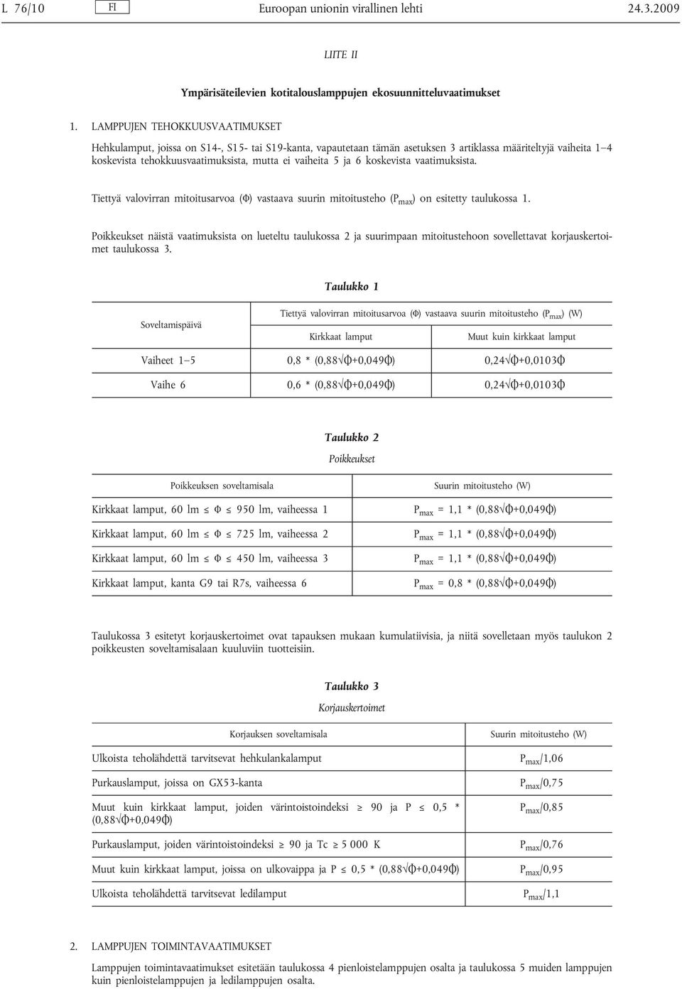 5 ja 6 koskevista vaatimuksista. Tiettyä valovirran mitoitusarvoa (Φ) vastaava suurin mitoitusteho (P max ) on esitetty taulukossa 1.