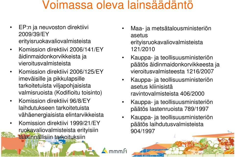 elintarvikkeista Komission direktiivi 1999/21/EY ruokavaliovalmisteista erityisiin lääkinnällisiin tarkoituksiin Maa- ja metsätalousministeriön asetus erityisruokavaliovalmisteista 121/2010 Kauppa-