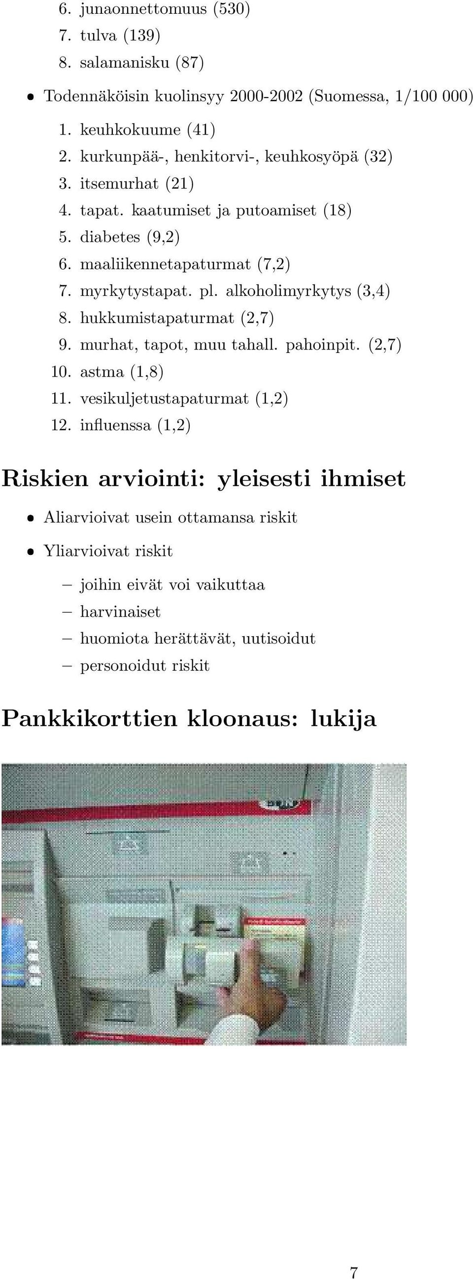 alkoholimyrkytys (3,4) 8. hukkumistapaturmat (2,7) 9. murhat, tapot, muu tahall. pahoinpit. (2,7) 10. astma (1,8) 11. vesikuljetustapaturmat (1,2) 12.