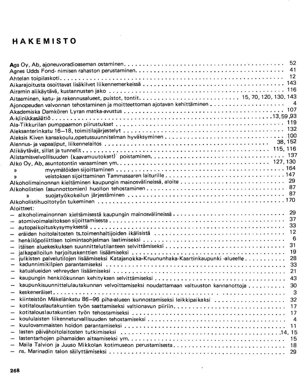 Damkören Lyran matka-avustus 107 A-kJinilckasäätiö 1 3 5 ' Ala-Tikkurilan pumppaamon piirustukset 119 Aleksanterinkatu 16-18, toimitilajärjestelyt 132 Aleksis Kiven kansakoulu,opetussuunnitelman