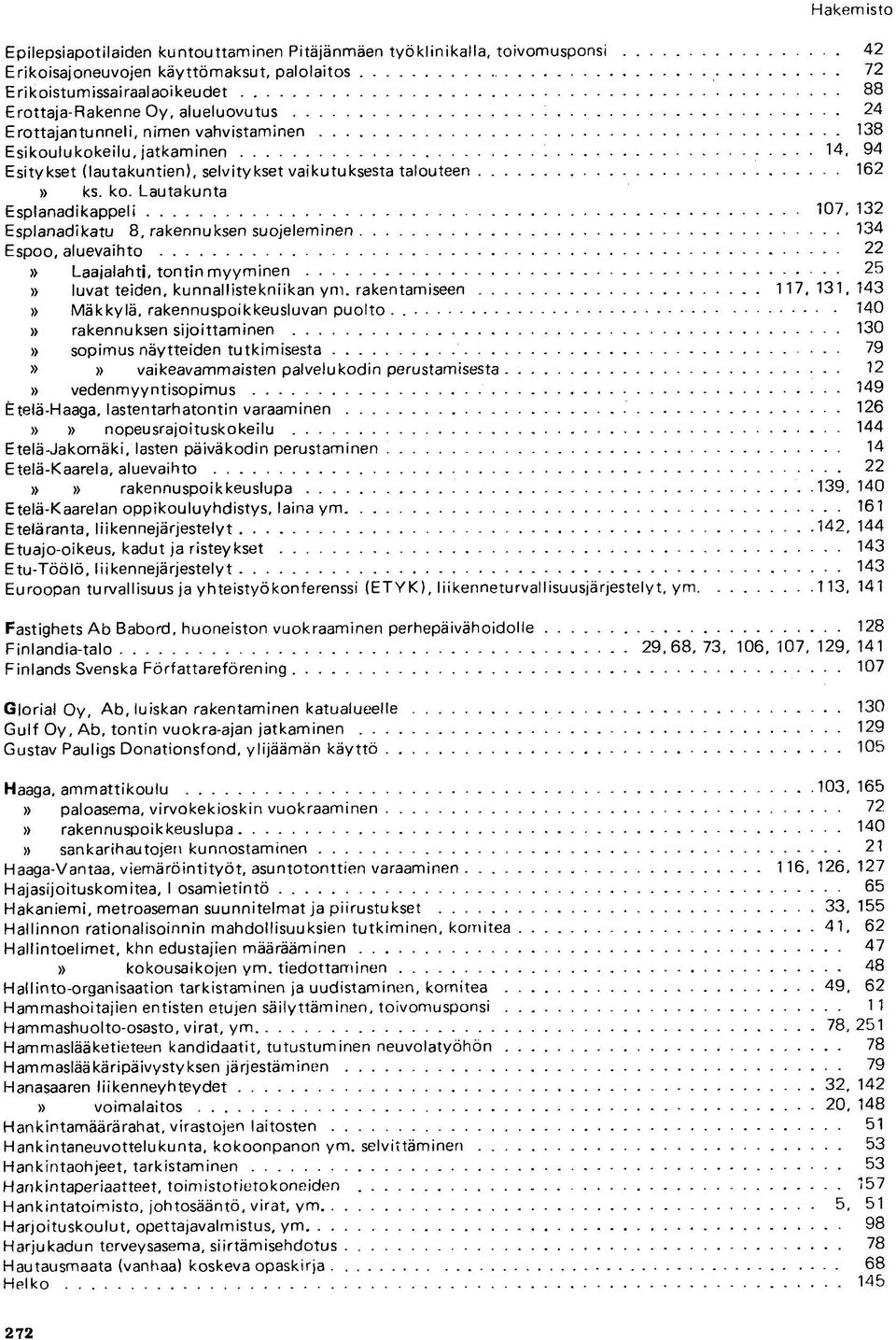 Lautakunta Esplanadikappeli 107, 132 Esplanadikatu 8, rakennuksen suojeleminen 134 Espoo, aluevaihto 22 Laajalahti, tontin myyminen 25 luvat teiden, kunnallistekniikan ym.