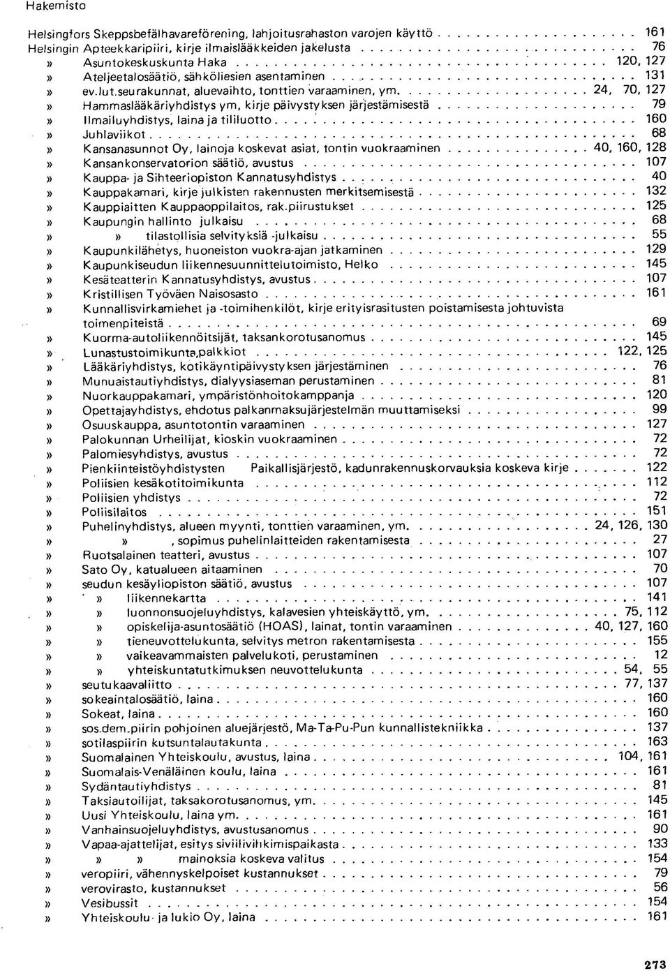 seurakunnat, aluevaihto, tonttien varaaminen, ym 24, 70, 127 Hammaslääkäriyhdistys ym, kirje päivystyksen järjestämisestä 79 Ilmailuyhdistys, laina ja tililuotto 160 Juhlaviikot 68 Kansanasunnot Oy,