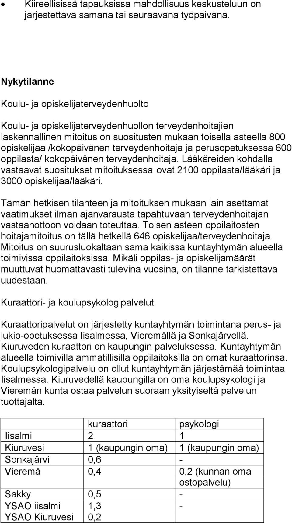 terveydenhoitaja ja perusopetuksessa 600 oppilasta/ kokopäivänen terveydenhoitaja. Lääkäreiden kohdalla vastaavat suositukset mitoituksessa ovat 2100 oppilasta/lääkäri ja 3000 opiskelijaa/lääkäri.