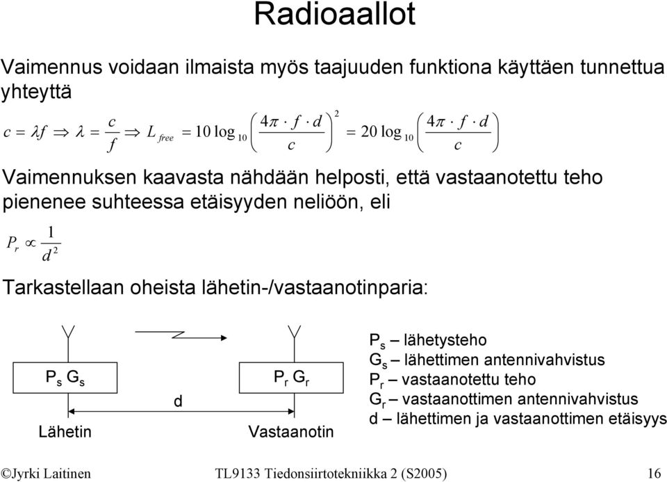 Tarkastellaan oheista lähetin-/vastaanotinparia: d P s G s Lähetin d P r G r Vastaanotin P s lähetysteho G s lähettimen antennivahvistus P