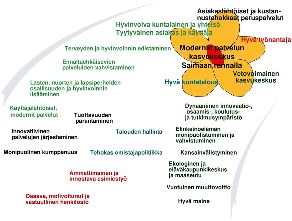 Käyttäjälähtöiset, modernit palvelut Innovatiivinen palvelujen järjestäminen Tuottavuuden parantaminen Talouden hallinta Dynaaminen innovaatio-, osaamis-, koulutusja tutkimusympäristö Elinkeinoelämän