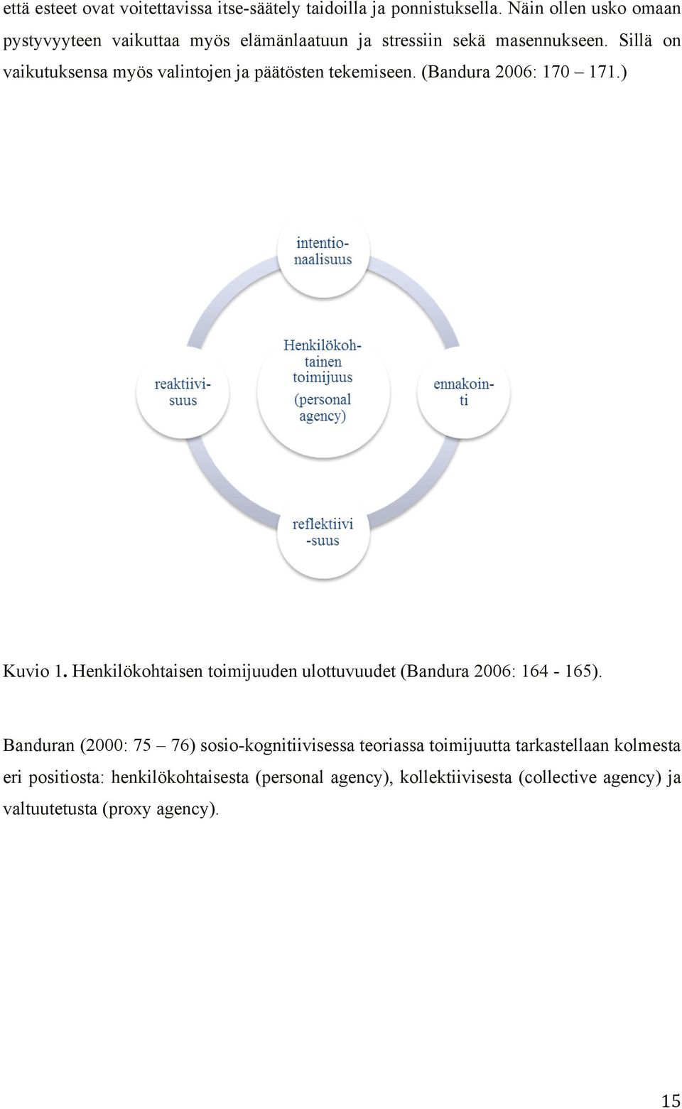 Sillä on vaikutuksensa myös valintojen ja päätösten tekemiseen. (Bandura 2006: 170 171.) Kuvio 1.