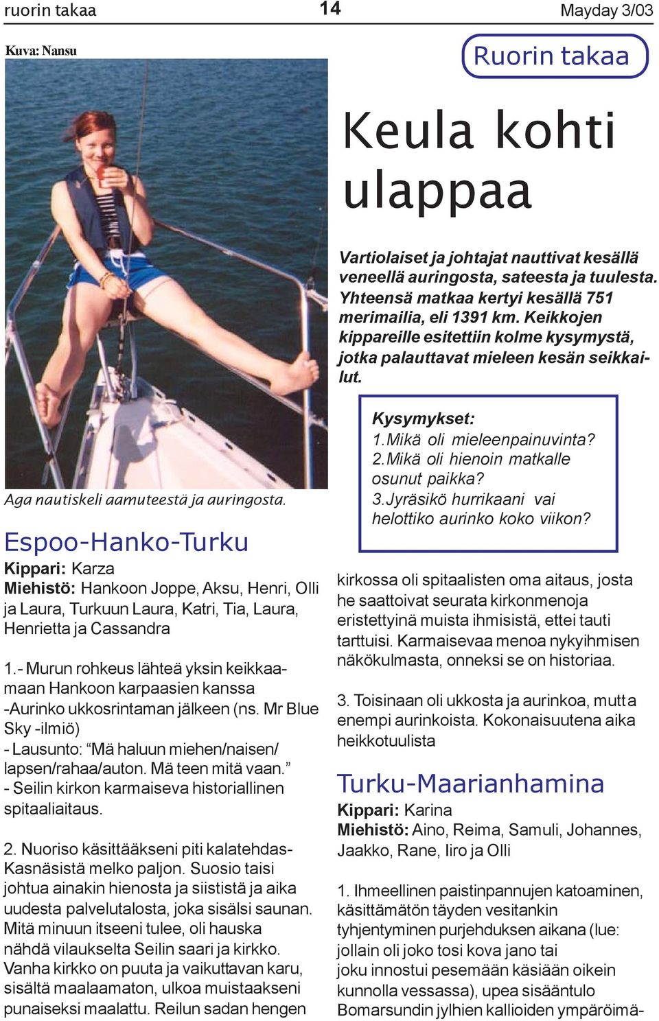 Espoo-Hanko-Turku Kippari: Karza Miehistö: Hankoon Joppe, Aksu, Henri, Olli ja Laura, Turkuun Laura, Katri, Tia, Laura, Henrietta ja Cassandra 1.