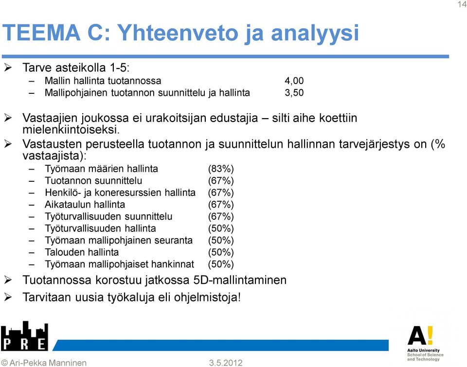 Vastausten perusteella tuotannon ja suunnittelun hallinnan tarvejärjestys on (% vastaajista): Työmaan määrien hallinta (83%) Tuotannon suunnittelu (67%) Henkilö- ja