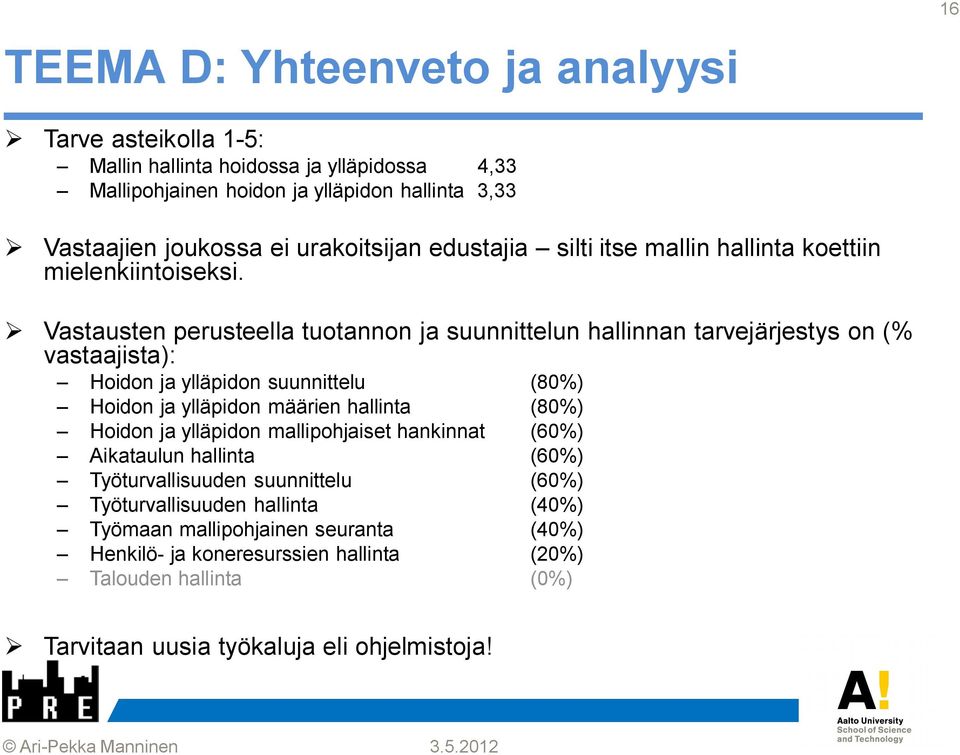 Vastausten perusteella tuotannon ja suunnittelun hallinnan tarvejärjestys on (% vastaajista): Hoidon ja ylläpidon suunnittelu (80%) Hoidon ja ylläpidon määrien hallinta (80%)
