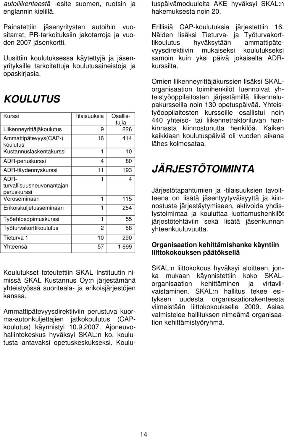 KOULUTUS Kurssi Tilaisuuksia Osallistujia Liikenneyrittäjäkoulutus 9 226 Ammattipätevyys(CAP-) 16 414 koulutus Kustannuslaskentakurssi 1 10 ADR-peruskurssi 4 80 ADR-täydennyskurssi 11 193