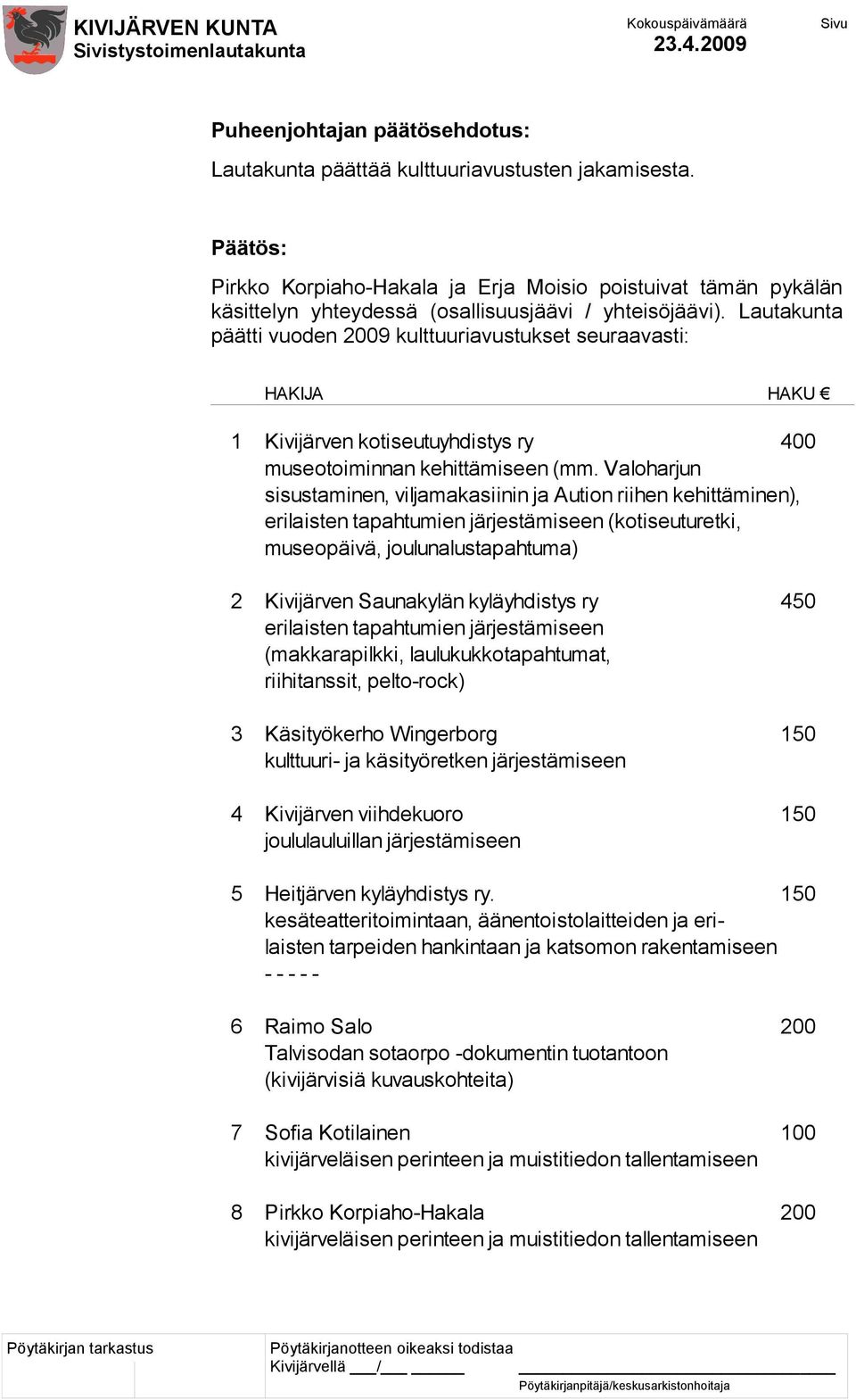 Valoharjun sisustaminen, viljamakasiinin ja Aution riihen kehittäminen), erilaisten tapahtumien järjestämiseen (kotiseuturetki, museopäivä, joulunalustapahtuma) 2 Kivijärven Saunakylän kyläyhdistys