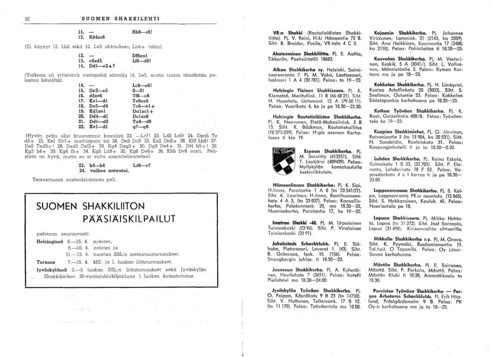 KeI-dl g7-g6 (Hyvän pel'in olisi kruunannut kauniisti 22. ~LC'71 2G. Ld31 LaS! 24. Dxa5 Tx dj3+ 25. KelI DC'!+ mattilopuin ta~ 214. De31 DC'3i 25. Ke2 Db:21+ 2'6. Kl3 Lb6! 27. De2 Txd31+! 28.