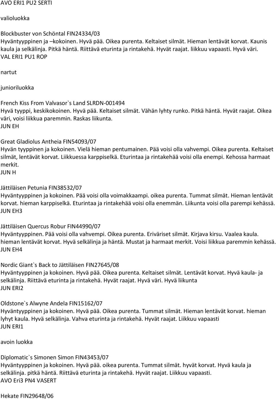 Keltaiset silmät. Vähän lyhty runko. Pitkä häntä. Hyvät raajat. Oikea väri, voisi liikkua paremmin. Raskas liikunta. JUN EH Great Gladiolus Antheia FIN54093/07 Hyvän tyyppinen ja kokoinen.