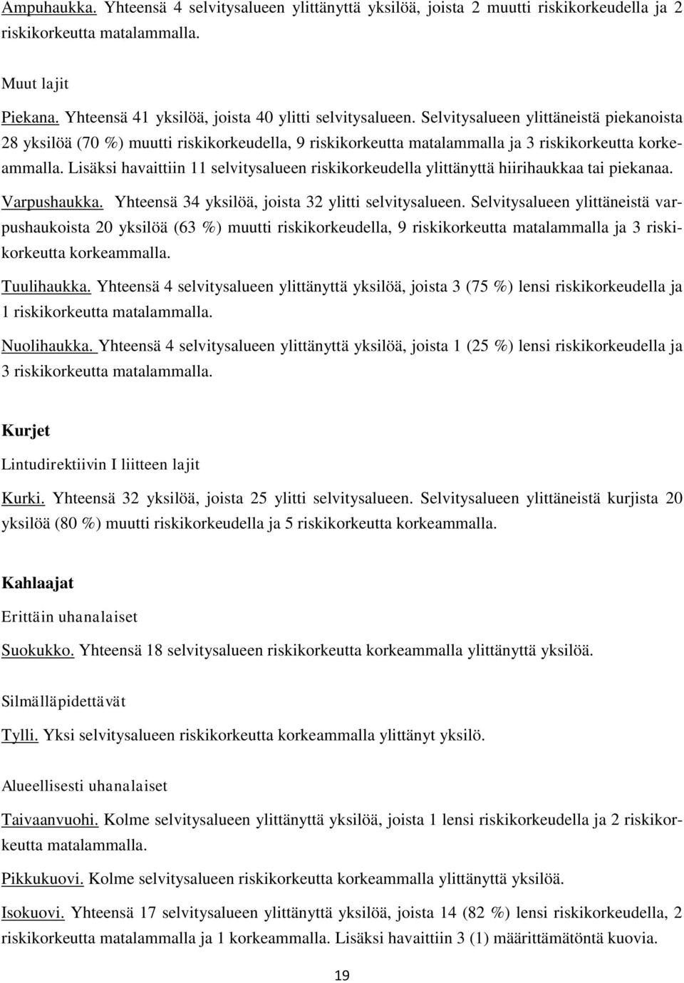 Lisäksi havaittiin 11 selvitysalueen riskikorkeudella ylittänyttä hiirihaukkaa tai piekanaa. Varpushaukka. Yhteensä 34 yksilöä, joista 32 ylitti selvitysalueen.