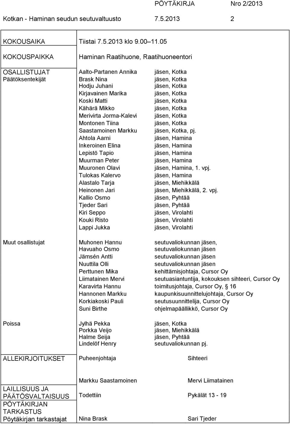 Koski Matti jäsen, Kotka Kähärä Mikko jäsen, Kotka Merivirta Jorma-Kalevi jäsen, Kotka Montonen Tiina jäsen, Kotka Saastamoinen Markku jäsen, Kotka, pj.
