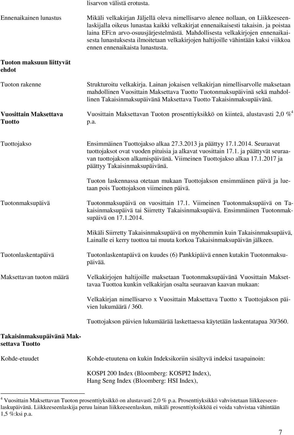 Tuoton maksuun liittyvät ehdot Tuoton rakenne Vuosittain Maksettava Tuotto Strukturoitu velkakirja.