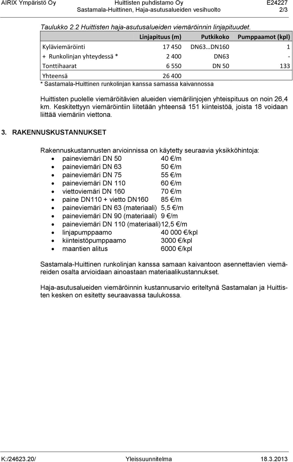 kanssa samassa kaivannossa Huittisten puolelle viemäröitävien alueiden viemärilinjojen yhteispituus on noin 26,4 km.