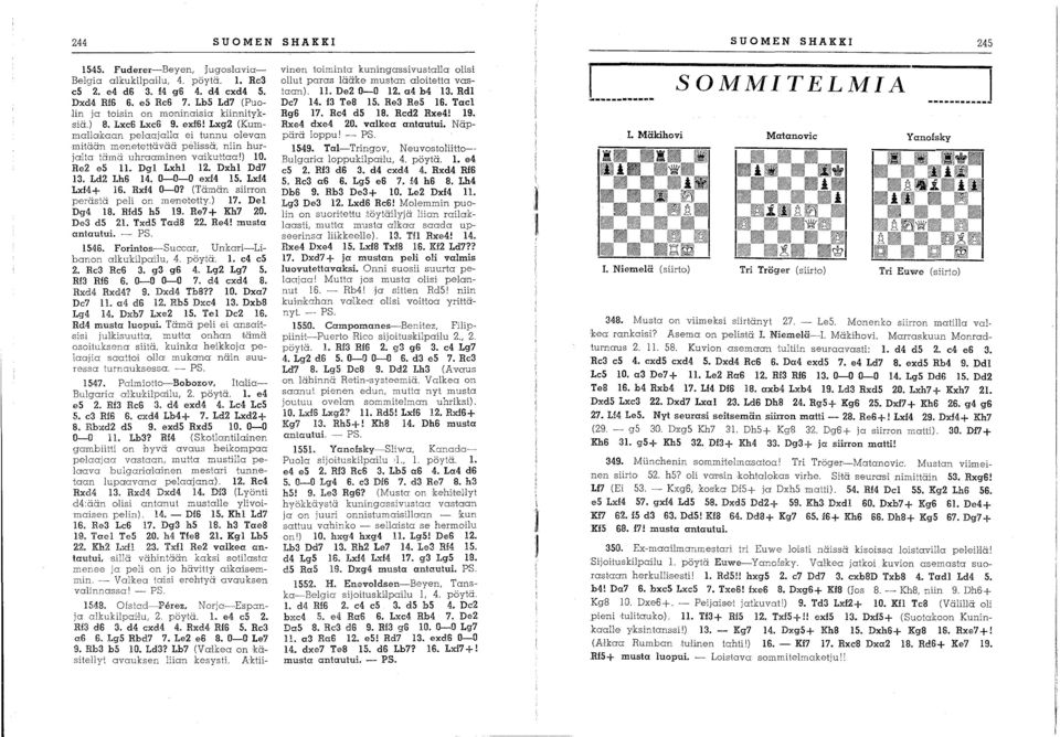 0-0-0 exf4 15. Lxf4 Lx!4+ 16. Rxl4 O-O? (Tämän siirron perästä peli on menete-tty.) 17. Del Dg4 18. Rfd5 h5 19. Re7 + Kh7 20. De3 d5 21. Txd5 TadS 22. Re4! musta antautui. - PS. 1546.