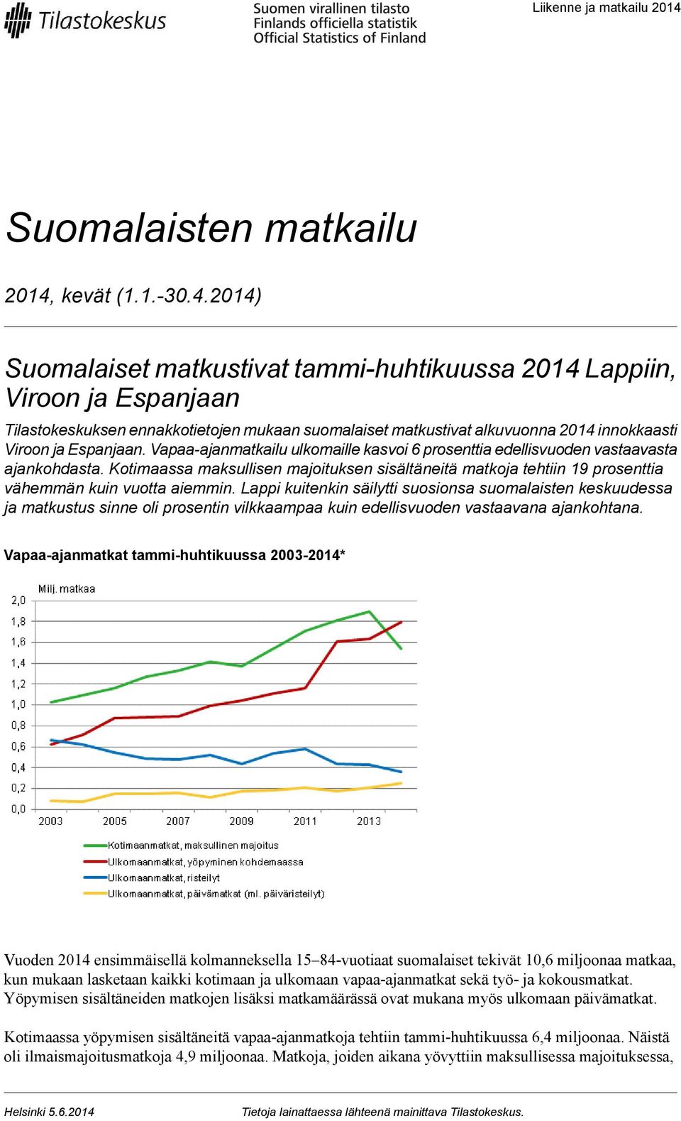 Vapaa-ajanmatkailu ulkomaille kasvoi prosenttia edellisvuoden vastaavasta ajankohdasta. Kotimaassa maksullisen majoituksen sisältäneitä matkoja tehtiin 19 prosenttia vähemmän kuin vuotta aiemmin.