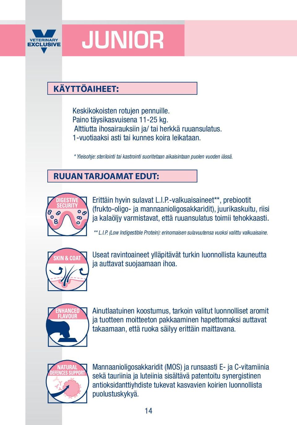 -valkuaisaineet**, prebiootit (frukto-oligo- ja mannaanioligosakkaridit), juurikaskuitu, riisi ja kalaöljy varmistavat, että ruuansulatus toimii tehokkaasti. ** L.I.P.