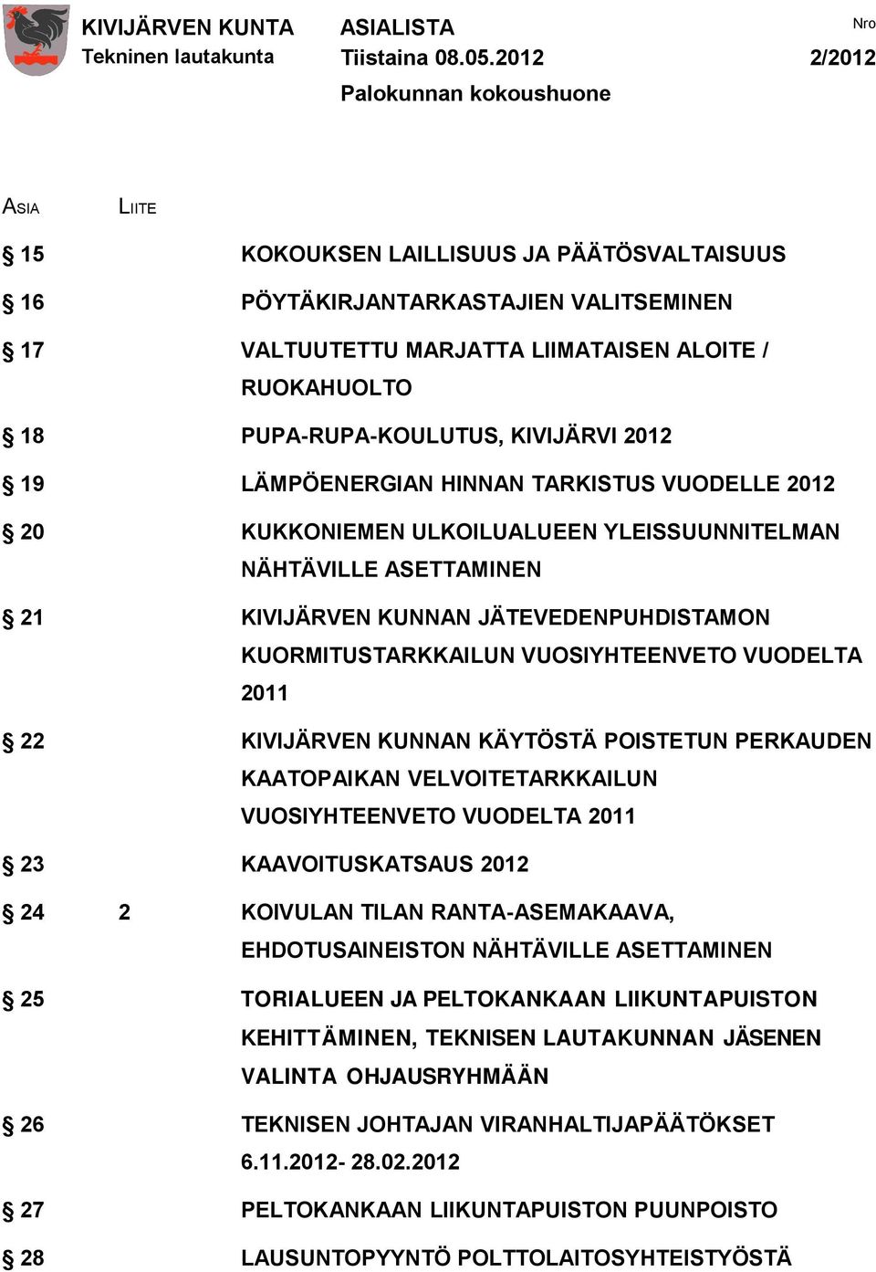 PUPA-RUPA-KOULUTUS, KIVIJÄRVI 2012 19 LÄMPÖENERGIAN HINNAN TARKISTUS VUODELLE 2012 20 KUKKONIEMEN ULKOILUALUEEN YLEISSUUNNITELMAN NÄHTÄVILLE ASETTAMINEN 21 KIVIJÄRVEN KUNNAN JÄTEVEDENPUHDISTAMON