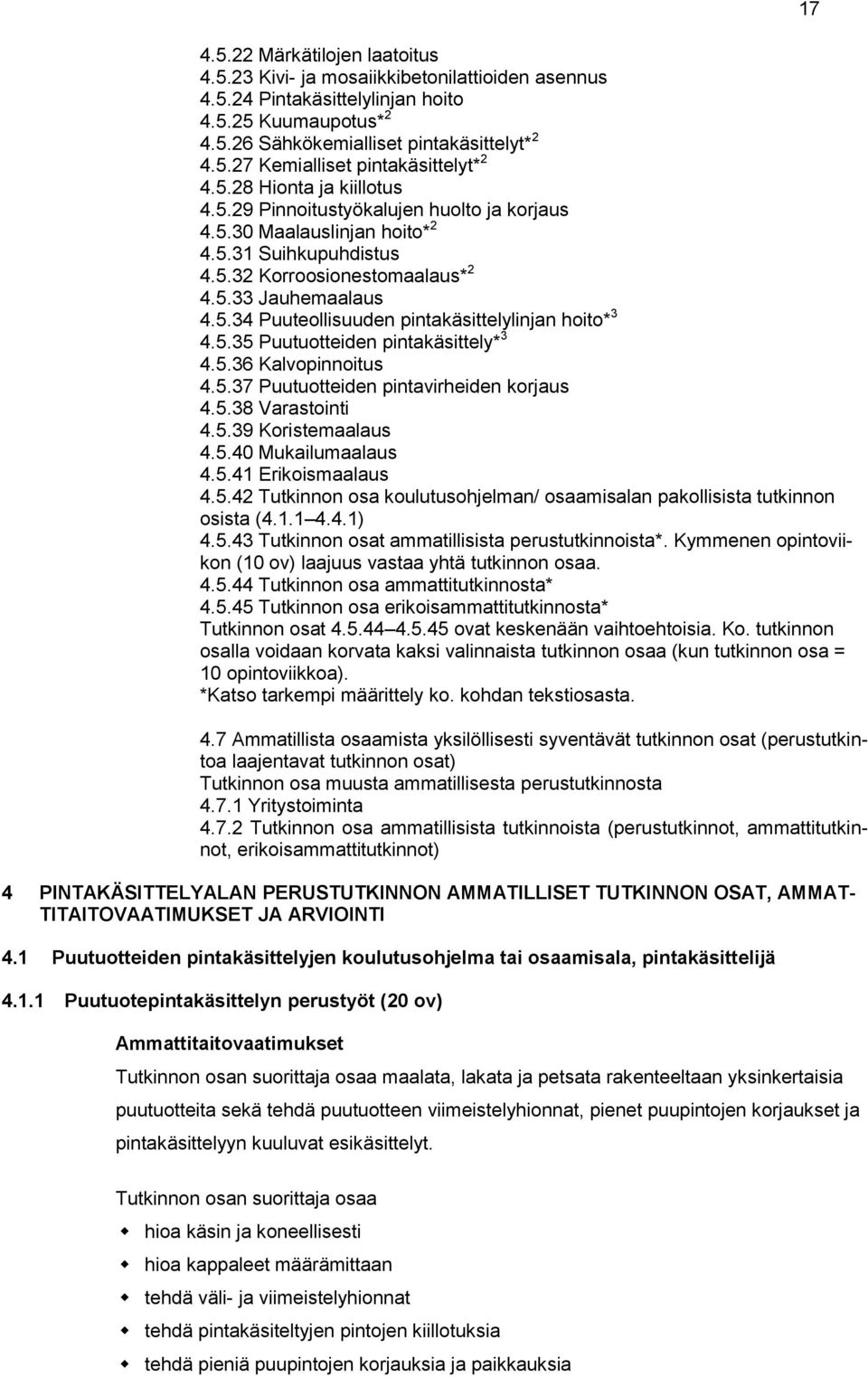 5.35 Puutuotteiden pintakäsittely* 3 4.5.36 Kalvopinnoitus 4.5.37 Puutuotteiden pintavirheiden korjaus 4.5.38 Varastointi 4.5.39 Koristemaalaus 4.5.40 Mukailumaalaus 4.5.41 Erikoismaalaus 4.5.42 Tutkinnon osa koulutusohjelman/ osaamisalan pakollisista tutkinnon osista (4.