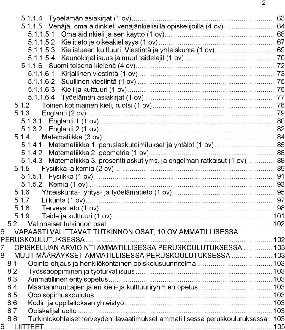 .. 73 5.1.1.6.2 Suullinen viestintä (1 ov)... 75 5.1.1.6.3 Kieli ja kulttuuri (1 ov)... 76 5.1.1.6.4 Työelämän asiakirjat (1 ov)... 77 5.1.2 Toinen kotimainen kieli, ruotsi (1 ov)... 78 5.1.3 Englanti (2 ov).