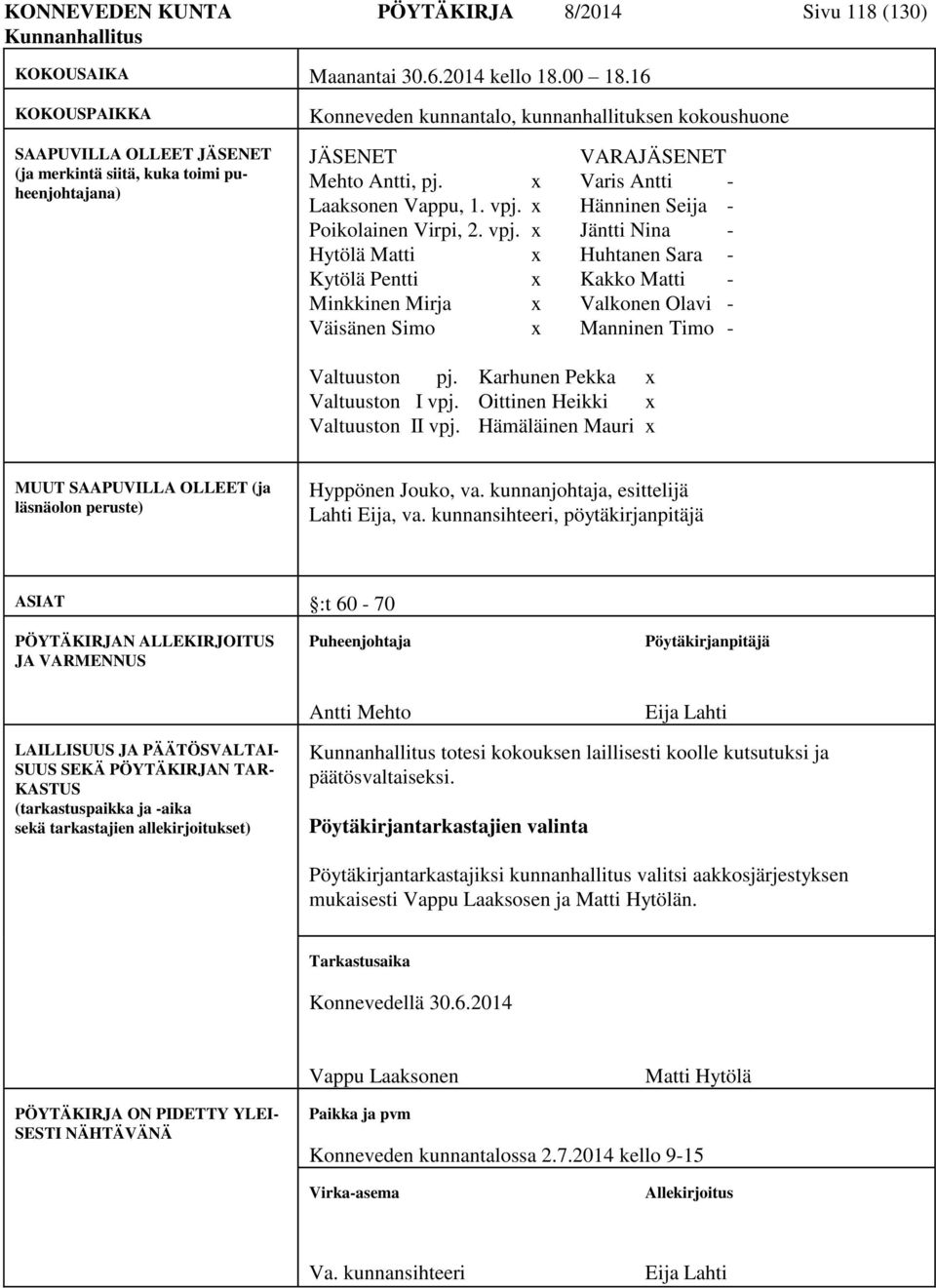 x Varis Antti - Laaksonen Vappu, 1. vpj. x Hänninen Seija - Poikolainen Virpi, 2. vpj. x Jäntti Nina - Hytölä Matti x Huhtanen Sara - Kytölä Pentti x Kakko Matti - Minkkinen Mirja x Valkonen Olavi - Väisänen Simo x Manninen Timo - Valtuuston pj.