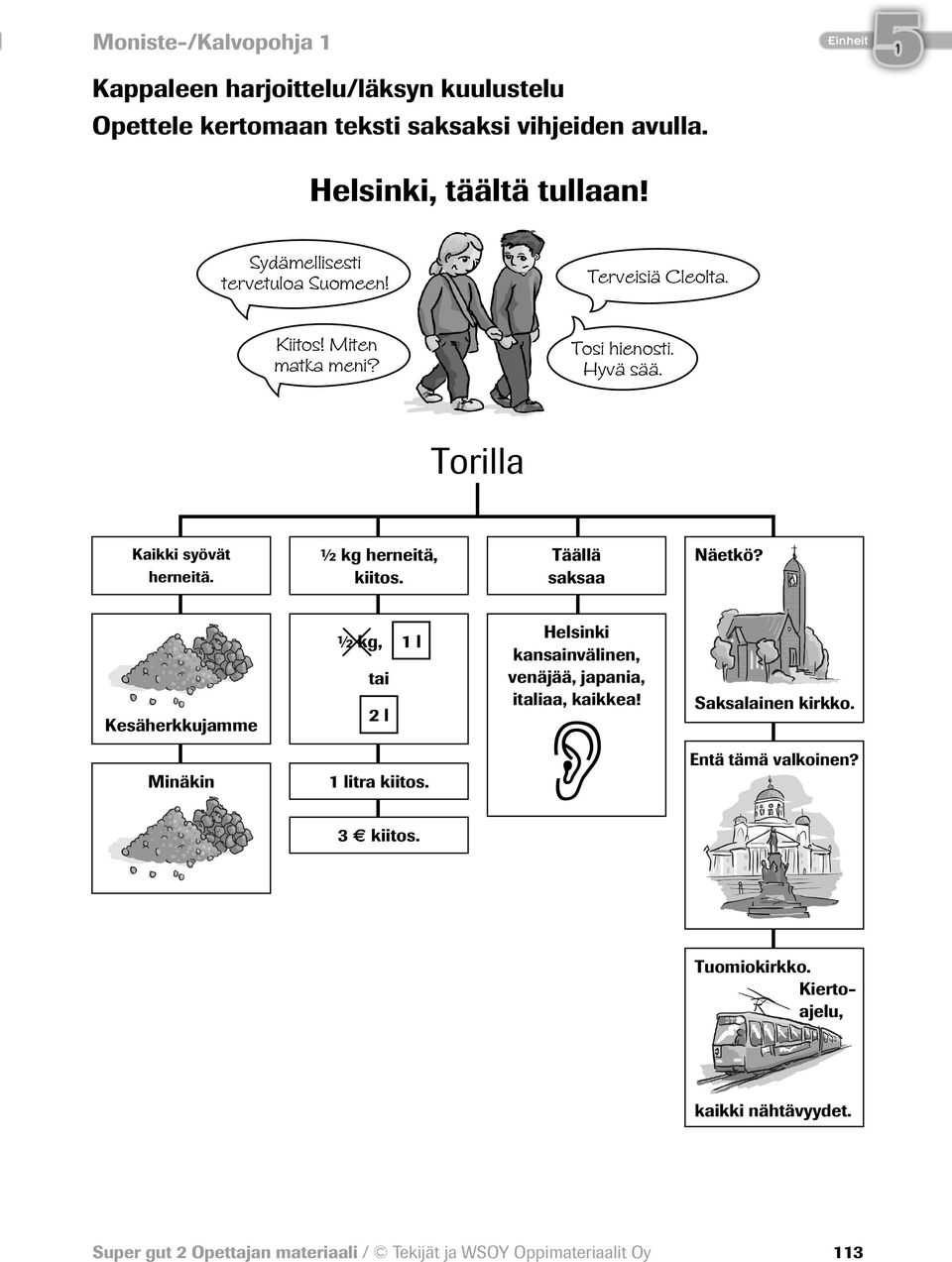 Torilla Kaikki syövät herneitä. ½ kg herneitä, kiitos. Täällä saksaa Näetkö?