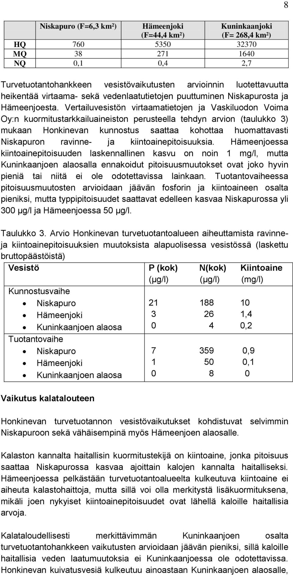 Vertailuvesistön virtaamatietojen ja Vaskiluodon Voima Oy:n kuormitustarkkailuaineiston perusteella tehdyn arvion (taulukko 3) mukaan Honkinevan kunnostus saattaa kohottaa huomattavasti Niskapuron