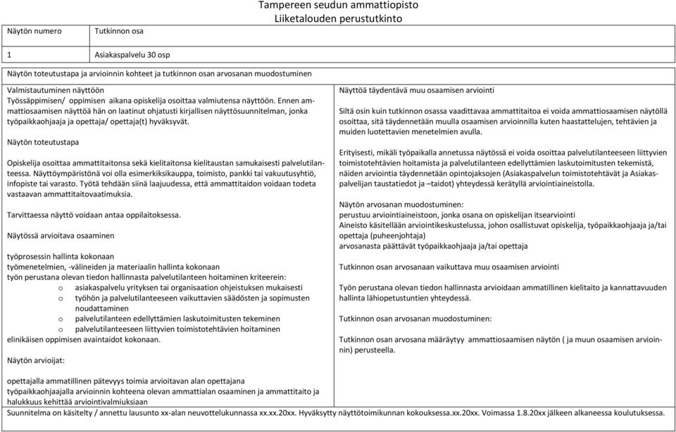 Ennen ammattiosaamisen näyttöä hän on laatinut ohjatusti kirjallisen näyttösuunnitelman, jonka työpaikkaohjaaja ja opettaja/ opettaja(t) hyväksyvät.