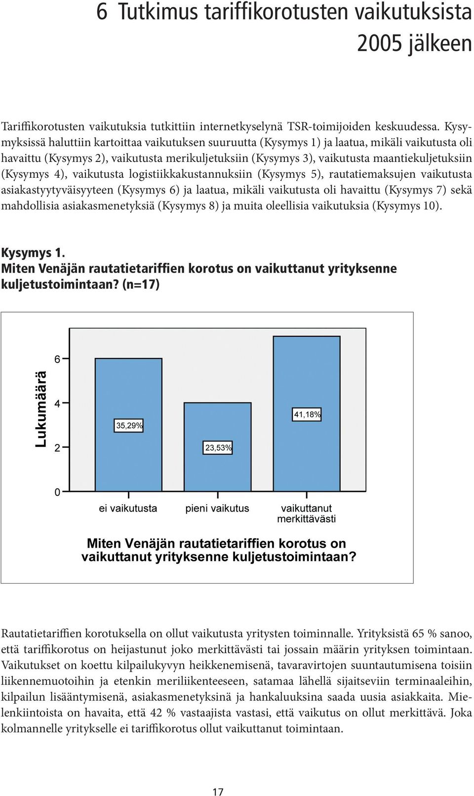 (Kysymys 4), vaikutusta logistiikkakustannuksiin (Kysymys 5), rautatiemaksujen vaikutusta asiakastyytyväisyyteen (Kysymys 6) ja laatua, mikäli vaikutusta oli havaittu (Kysymys 7) sekä mahdollisia