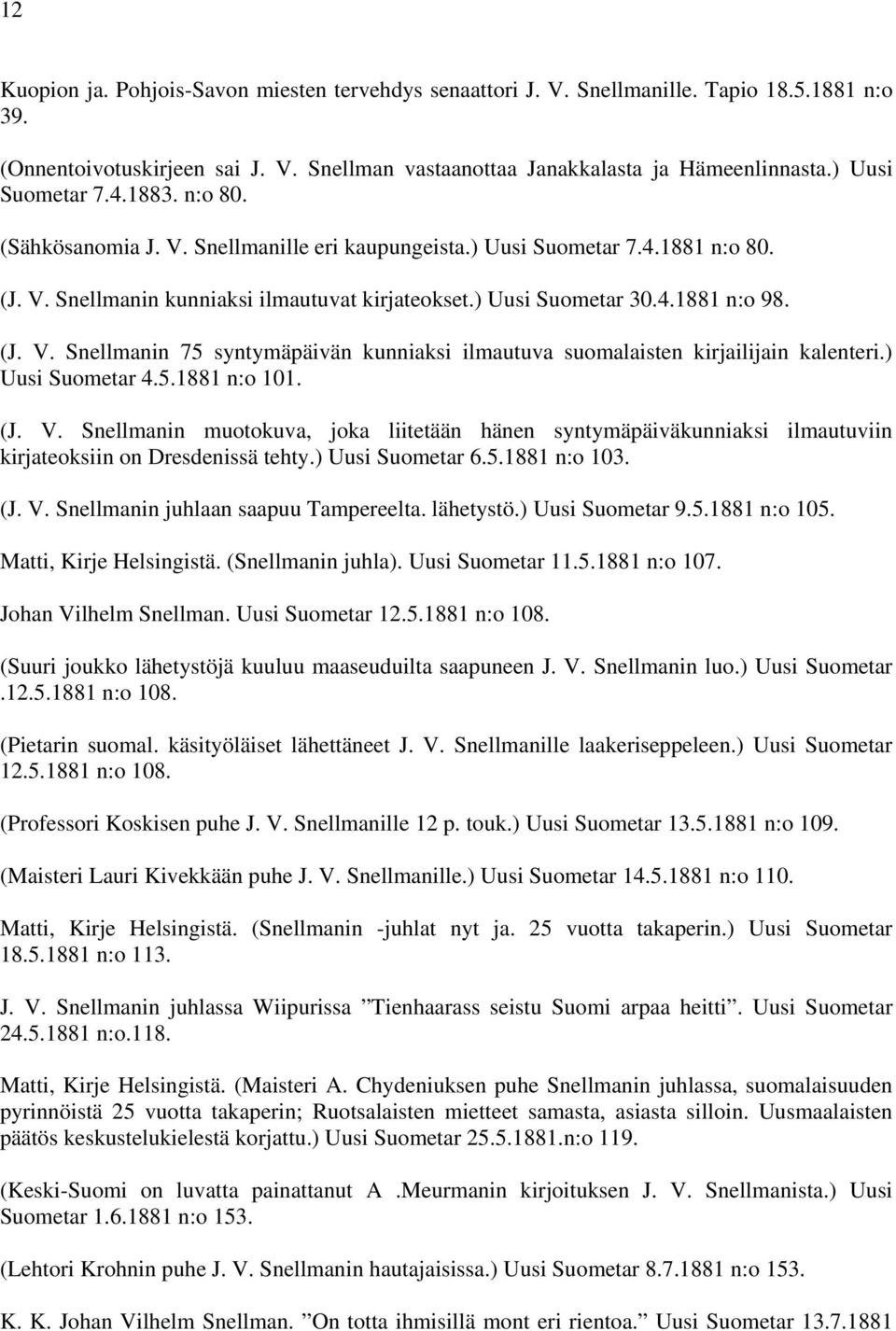 (J. V. Snellmanin 75 syntymäpäivän kunniaksi ilmautuva suomalaisten kirjailijain kalenteri.) Uusi Suometar 4.5.1881 n:o 101. (J. V. Snellmanin muotokuva, joka liitetään hänen syntymäpäiväkunniaksi ilmautuviin kirjateoksiin on Dresdenissä tehty.