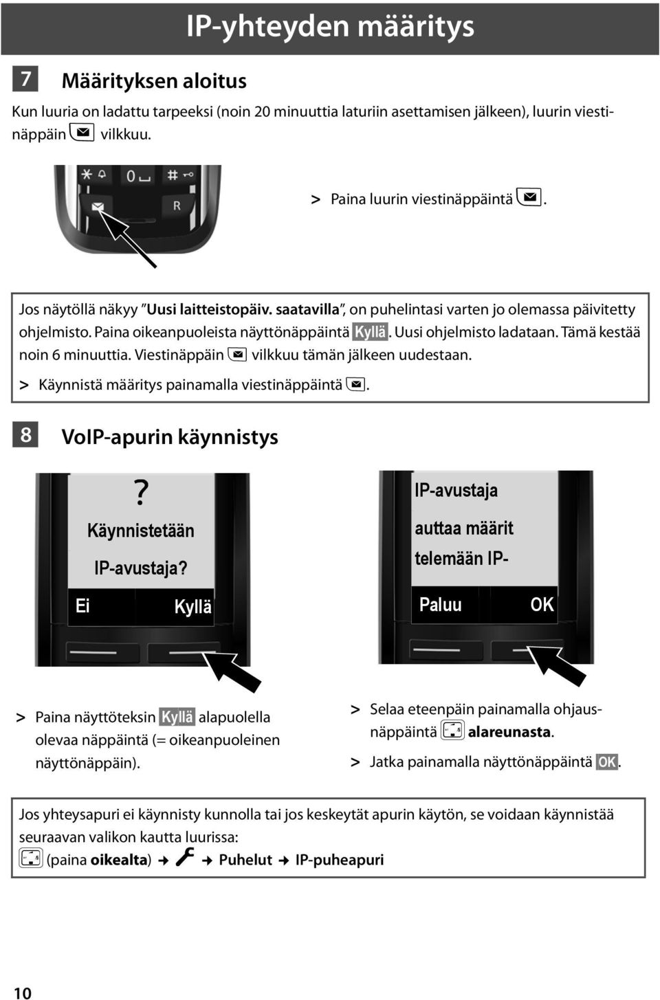 Tämä kestää noin 6 minuuttia. Viestinäppäin f vilkkuu tämän jälkeen uudestaan. > Käynnistä määritys painamalla viestinäppäintä f. 8 VoIP-apurin käynnistys Käynnistetään IP-avustaja?