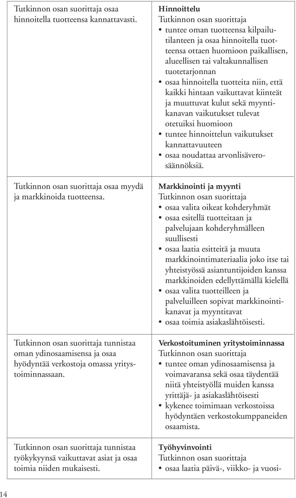 Hinnoittelu tuntee oman tuotteensa kilpailutilanteen ja osaa hinnoitella tuotteensa ottaen huomioon paikallisen, alueellisen tai valtakunnallisen tuotetarjonnan osaa hinnoitella tuotteita niin, että