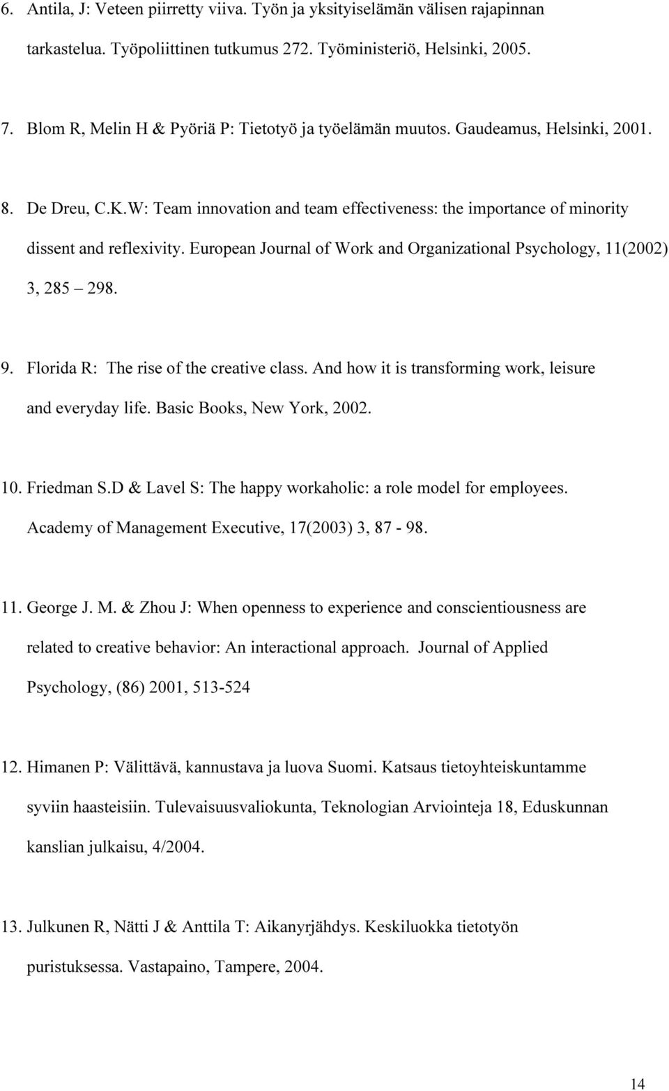 European Journal of Work and Organizational Psychology, 11(2002) 3, 285 298. 9. Florida R: The rise of the creative class. And how it is transforming work, leisure and everyday life.