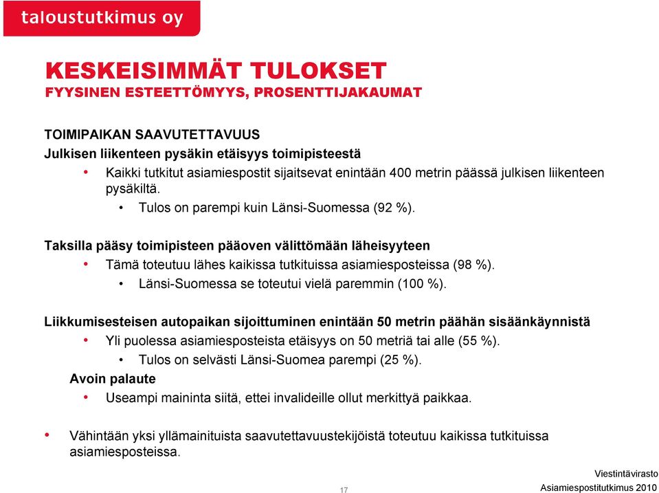 Taksilla pääsy toimipisteen pääoven välittömään läheisyyteen Tämä toteutuu lähes kaikissa tutkituissa asiamiesposteissa (98 %). Länsi-Suomessa se toteutui vielä paremmin (100 %).