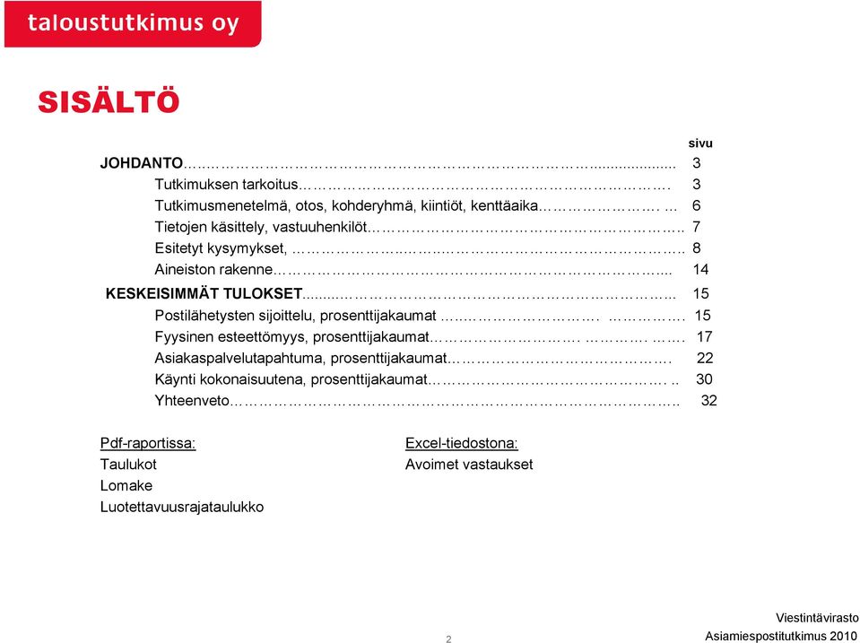 ..... 15 Postilähetysten sijoittelu, prosenttijakaumat.... 15 Fyysinen esteettömyys, ttö prosenttijakaumat. t.. 17 Asiakaspalvelutapahtuma, prosenttijakaumat.