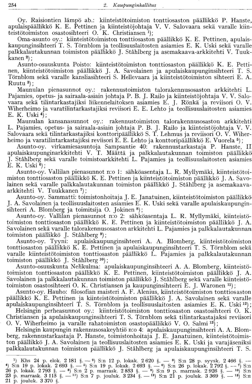 K. Uski sekä varalle palkkalautakunnan toimiston päällikkö J. Ståhlberg ja asemakaava-arkkitehti V. Tuukkanen 2 ); Asunto-osuuskunta Poisto: kiinteistötoimiston tonttiosaston päällikkö K. E.