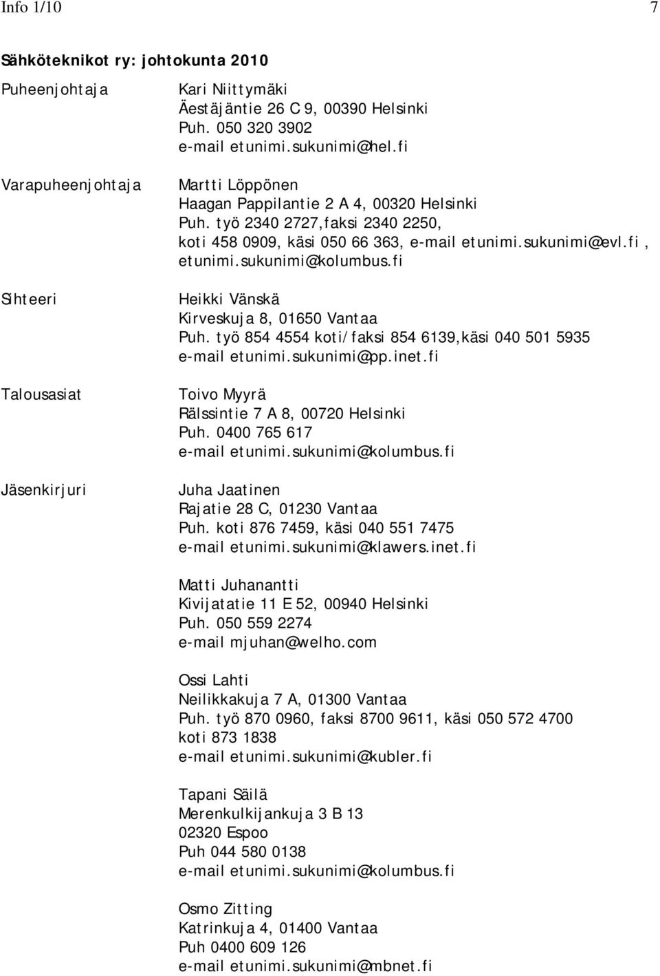 sukunimi@evl.fi, etunimi.sukunimi@kolumbus.fi Heikki Vänskä Kirveskuja 8, 01650 Vantaa Puh. työ 854 4554 koti/faksi 854 6139,käsi 040 501 5935 e-mail etunimi.sukunimi@pp.inet.