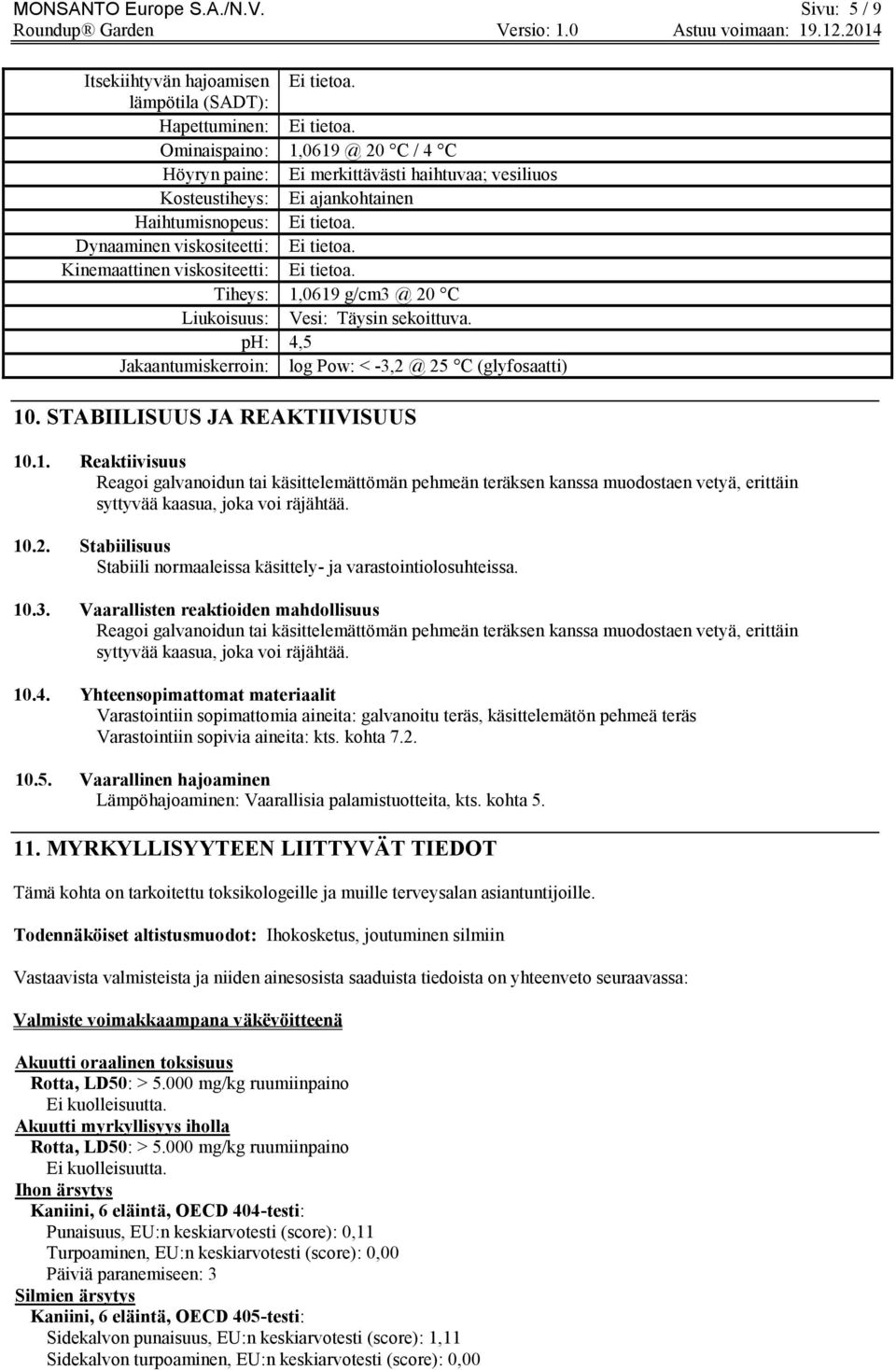 Kinemaattinen viskositeetti: Ei tietoa. Tiheys: 1,0619 g/cm3 @ 20 C Liukoisuus: Vesi: Täysin sekoittuva. ph: 4,5 Jakaantumiskerroin: log Pow: < -3,2 @ 25 C (glyfosaatti) 10.