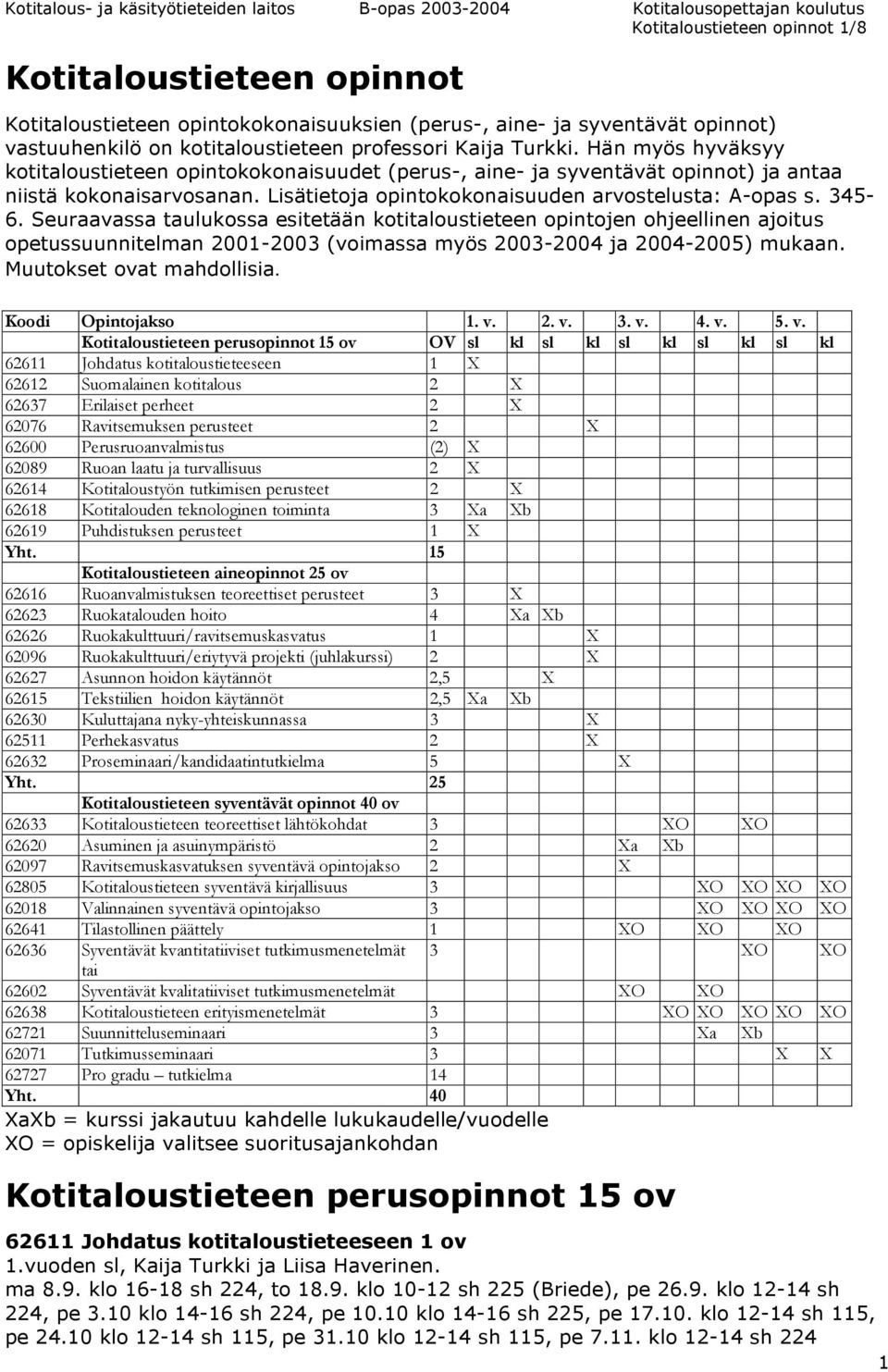 Seuraavassa taulukossa esitetään kotitaloustieteen opintojen ohjeellinen ajoitus opetussuunnitelman 2001-2003 (voimassa myös 2003-2004 ja 2004-2005) mukaan. Muutokset ovat mahdollisia.