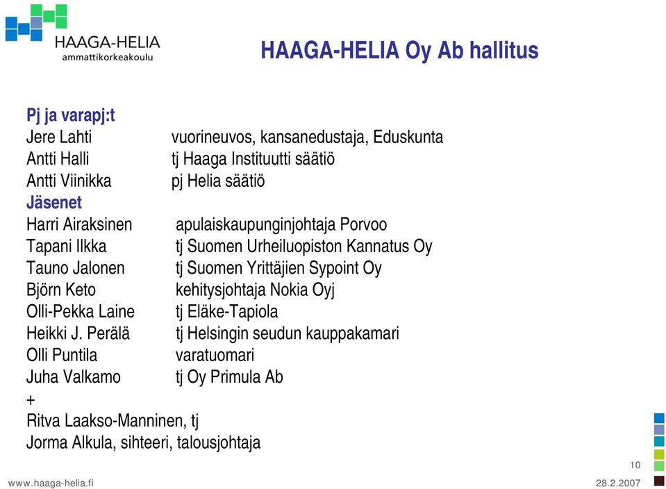 Jalonen tj Suomen Yrittäjien Sypoint Oy Björn Keto kehitysjohtaja Nokia Oyj Olli-Pekka Laine tj Eläke-Tapiola Heikki J.