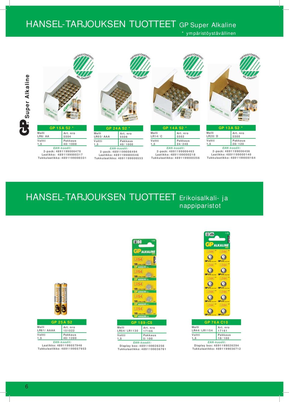 4891199000256 LR20/D GP 13A S2 * 5500 20/120 2pack: 4891199006456 Laatikko: 4891199000140 Tukkulaatikko: 4891199000164 HANSELTARJOUKSEN TUOTTEET Erikoisalkali ja nappiparistot LR61/AAAA GP 25A S2