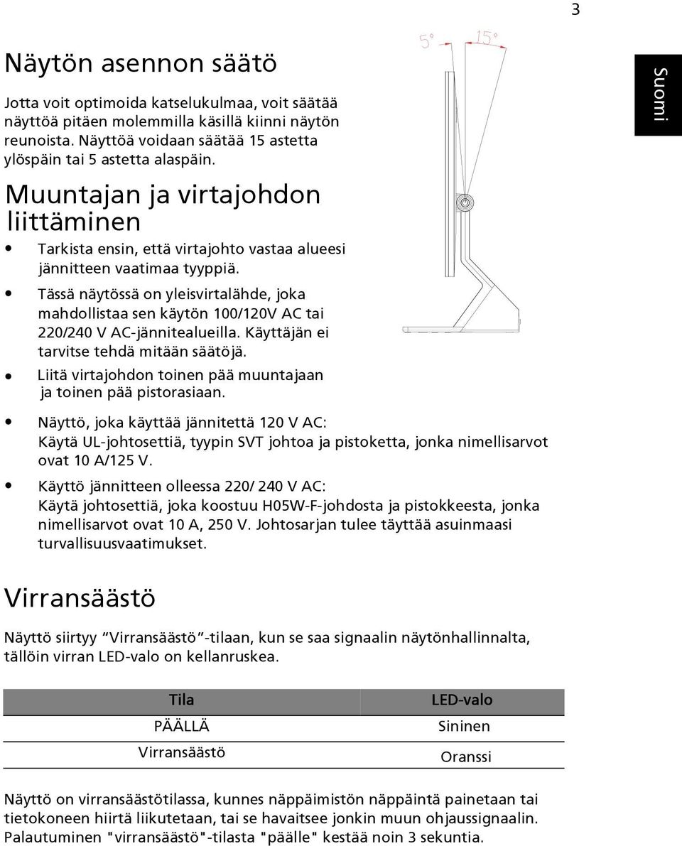 Tässä näytössä on yleisvirtalähde, joka mahdollistaa sen käytön 100/120V AC tai 220/240 V AC-jännitealueilla. Käyttäjän ei tarvitse tehdä mitään säätöjä.