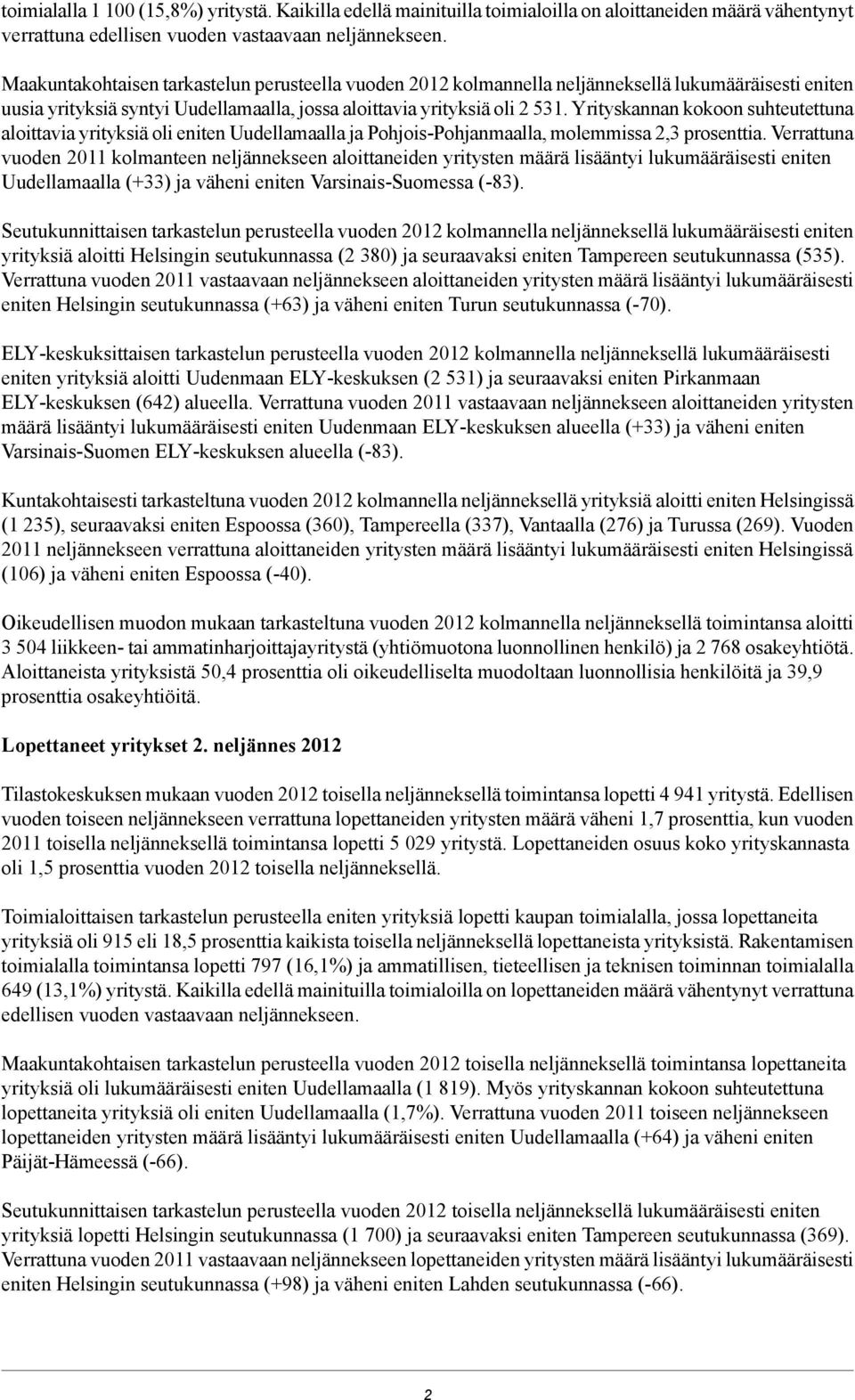 Yrityskannan kokoon suhteutettuna aloittavia yrityksiä oli eniten Uudellamaalla ja Pohjois-Pohjanmaalla, molemmissa 2,3 prosenttia.