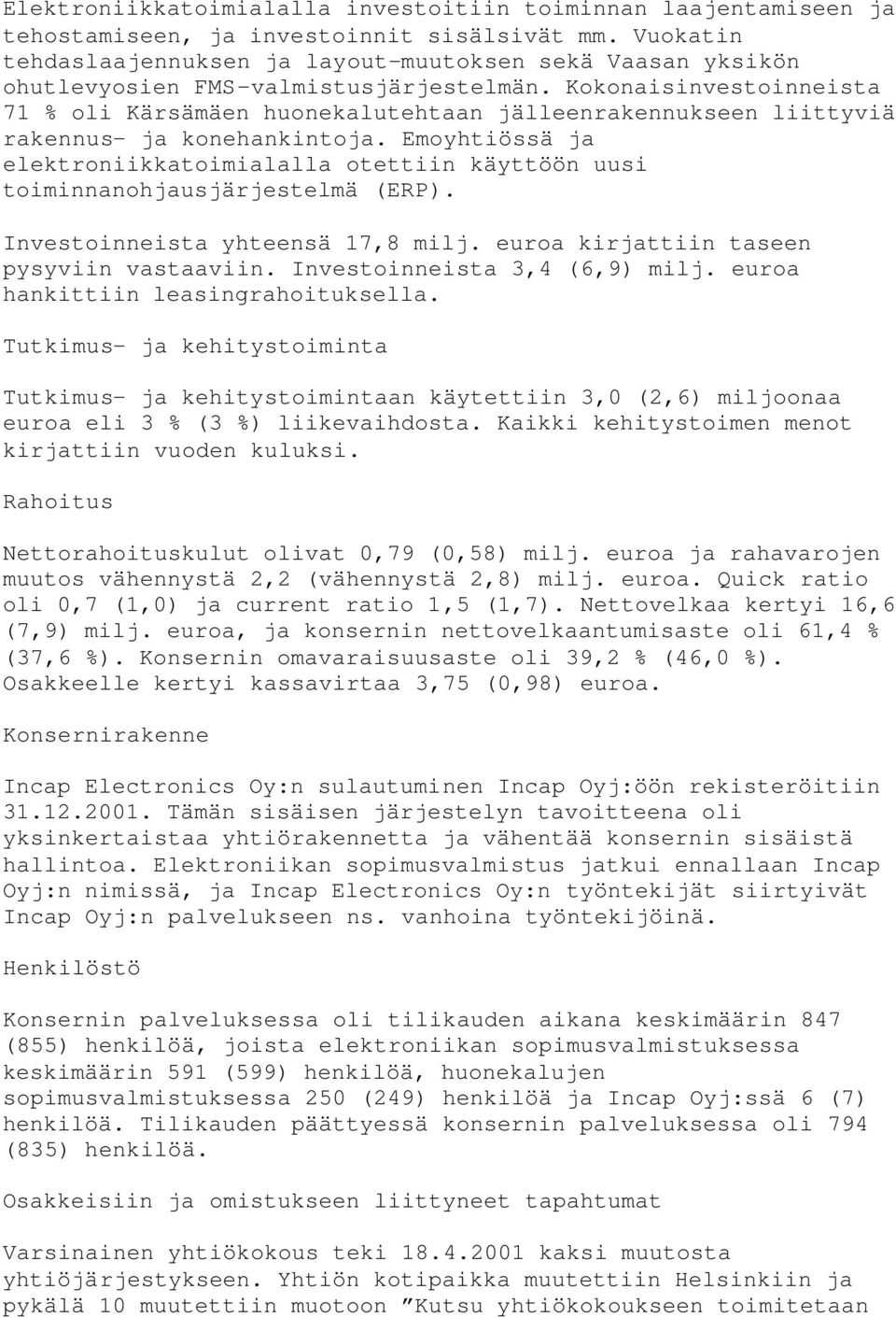 Kokonaisinvestoinneista 71 % oli Kärsämäen huonekalutehtaan jälleenrakennukseen liittyviä rakennus- ja konehankintoja.